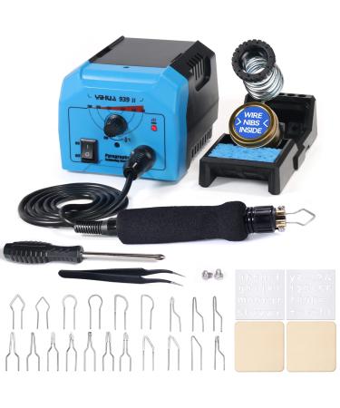 YIHUA 939-II Wood Burning Kit Station Pyrography Pen 250750/4821382 Temperature Adjustable with 20 Wire Nibs, 1 Stable Pen Holder, 2 Stencils, 2 Scrap Wood, 1 S/S Tweezers, and 1 Pliers (Blue)