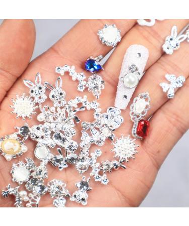 Luxury 30 Pcs Tsuwno Zircon Nail Charms - Silver 3D Alloy Nail Art Pendants with Rhinestones | Butterfly Heart Snake & Flower Designs - Buy Online on SooperMarket.com