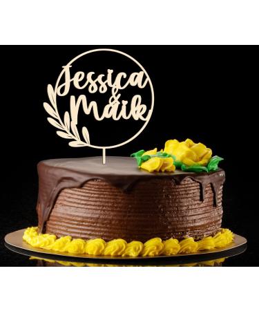 Personalized Wood Cake Topper | Custom Name Engraved Natural Birch Decoration for Weddings & Engagements - 15cm - Buy Online on SooperMarket.com