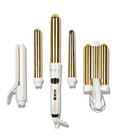 FoxyBae 5-in-1 Interchangeable Hair Tools Hair Curling Wand Set - 1" Flat Iron Hair Straightener 3 Barrels Hair Crimper 3 Ceramic Curling Irons 0.75"-1.25" - Salon Grade Waver & Curler Pearl White