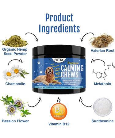 Organic Calming Dog Treats with Chamomile, Hemp Seed, Valerian, Passion Flower, Suntheanine & Melatonin - Duck Flavored Soft Chews (1 Tub) - Buy Online on SooperMarket.com