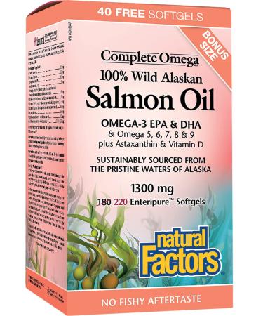100% Wild Alaskan Salmon Oil 1300 mg Complete Omega. Bonus Size 220s