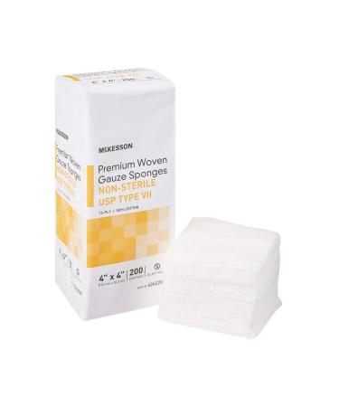 McKesson Premium Woven Gauze Sponges, 12-Ply Non-Sterile, USP Type VII, 100% Cotton, 4 in x 4 in, 200 Per Pack, 1 Pack 200 Count (Pack of 1)