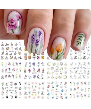 Flowers Nail Art Stickers Decals Water Transfer Butterfly Nail Decals Watercolor Blossom Flower Leaves Dragonfly Designs Nail Supplies Floral Spring Nail Stickers for Women Girls Manicure Tip Nail Decoration