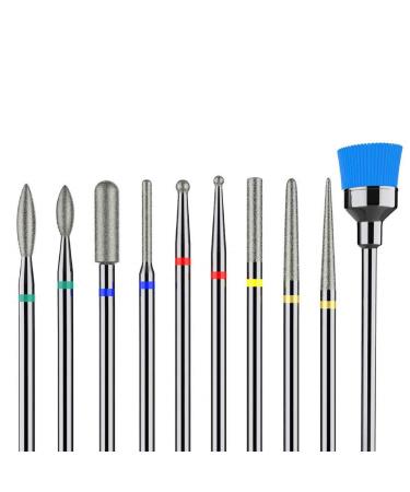 MelodySusie 10pcs Nail Drill Bits Set, 3/32 Inch Diamond Cuticle Nail Bits Kit for Nail Drill E-File, Manicure Pedicure Remover Tools for Acrylic Gel Nails, Salon Home Nail Care Supplies, Silver