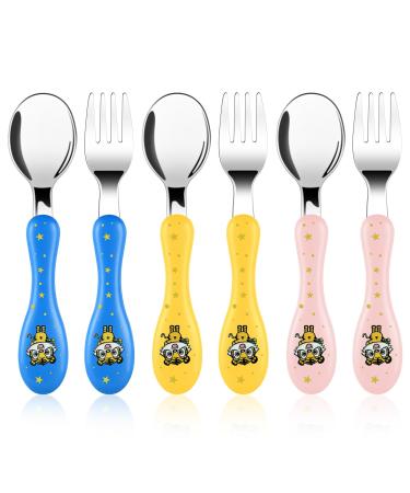 Vicloon Baby Fork and Spoon 6 PCS Toddler Utensils Spoons Forks Tableware Set Toddler Utensils Stainless Steel Baby Forks and Spoons Baby Feeding Cutlery Utensils Weaning Spoons for Kids - Tiger Pink/Blue/Yellow-tiger