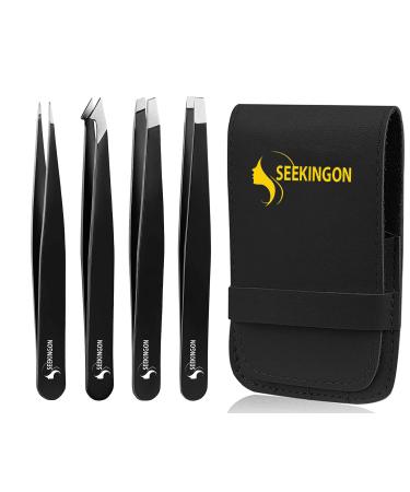 Seekingon Tweezers for Eyebrows Set (4-Piece) Great Precision for Facial Hair Professional Slant and Pointed Tweezers Set with Case High pitched Needle Nose Point for Plucking 3.77 inch (Black)