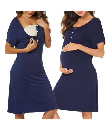 Irdcomps Women's Maternity Nightdress Breastfeeding Nursing Short Sleeve Button Nightgown Pregnancy Loungwear Sleepwear Hospital Labor Gown 01-blue XL