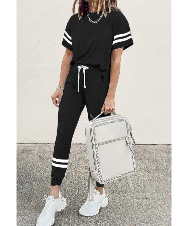 PRETTYGARDEN Women's Striped Two Piece Lounge Set | Short Sleeve Pullover & Long Pants Tracksuit | Black, X-Large - Buy Online on SooperMarket.com