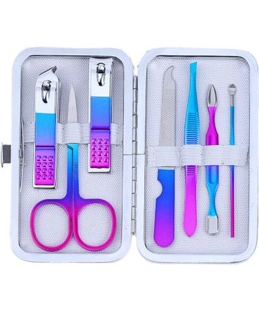 Manicure Pedicure Set Nail Clippers Kit 7 Pcs Stainless Steel Hygiene Kit Portable Nail Trimming set and Grooming Tools with Fine Leather Case Gift Box (Rainbow-7pcs)