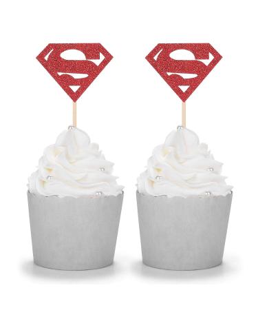 24 CT Red Glitter Superman Cupcake Toppers for Superhero Theme Birthday Parties and events