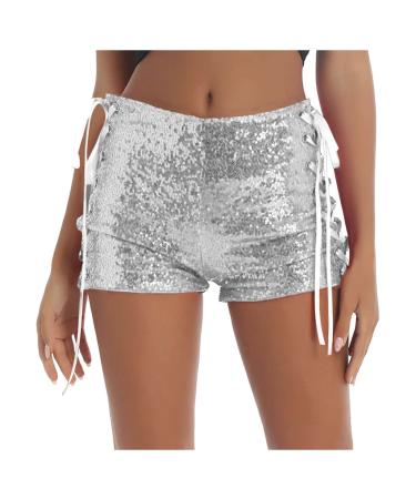 Duohropke women metallic hot pants sequins glitter shorts with high waist sexy short pants shorts for dance sport disco costume carnival carnival s 02 silver