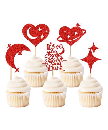 Keaziu 25 Pack Valentine's Cupcake Toppers Red Moon Star Cupcake Picks I Love You to the Moon and Back for Wedding Proposal Engagement Bridal Shower Sweet Love Theme Party Cake Decoration Red Star
