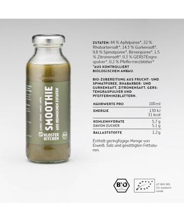 Monastery Kitchen Bio Smoothie Green Cucumber Spinach Mint Apple | Superfood Breakfast Vegan in Glass Bottle | 6x250ml Power Food Home Ingredients - Buy Online on SooperMarket.com