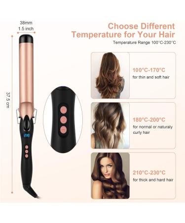 LXMTOU 38mm Large Barrel Curling Wand for Big Curls on Long, Thick Hair - Adjustable Temperature Curling Iron with Glove - Auto-Off Feature - Gold - Buy Online on SooperMarket.com
