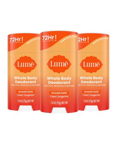 Lume Whole Body Deodorant - Smooth Solid Stick - 72 Hour Odor Control - Aluminum Free Baking Soda Free and Skin Loving - 2.6 Ounce (Pack of 3) (Clean Tangerine) Clean Tangerine 2.6 Ounce (Pack of 3)