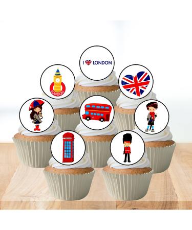 24 London Theme Wafer Cupcake Toppers Great Britain Edible Cupcake Toppers - Stand Up Disc Wafer Cake Decorations