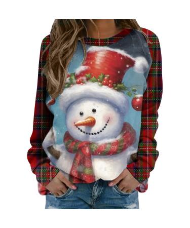 Women's Christmas Sweatshirts Cute Snowman Penguin Print O-Neck Raglan Top Shirt Pullover Comfy Warm Xmas Jumper Winter Long Sleeve Tops Loose Tunic Top Sweaters Light Blue XL