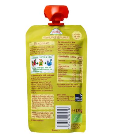 FruchtBar Bio Quetschie Oatmeal Apple Pear Grape - Organic Fruit Puree Squeeze Bags 8x120g | International Shipping - Buy Online on SooperMarket.com