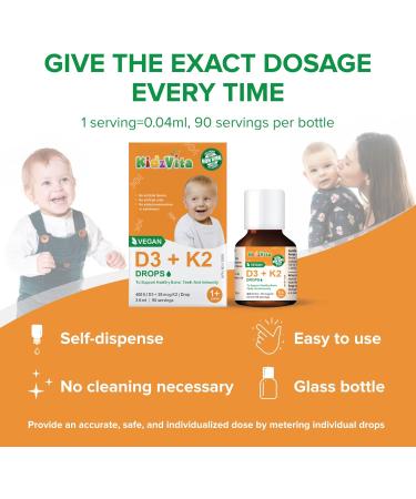KidzVita - Organic Vegan Vitamin D3 & K2 Drops 400 IU - Support Healthy Bone Teeth and Immunity - Children s Multivitamin For 1 to 8 Years Old 3.6 ML 90 Servings - Buy Online on SooperMarket.com