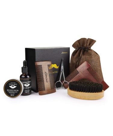 Bart care set - 6 part - Sandalwood beard comb 100% wild boar bristle beard brush nasal hair scissors beard oil (30ml) beard balaming (60g) beard form - storage bag + gift box