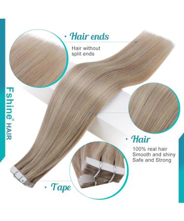FSHINE 40cm Real Hair Tape Extensions - Ash Blonde Highlight 20 Remy Hair Pieces Invisible Adhesive #18P613 - Quality Bleaching Blonde Hair Extensions - Buy Online on SooperMarket.com