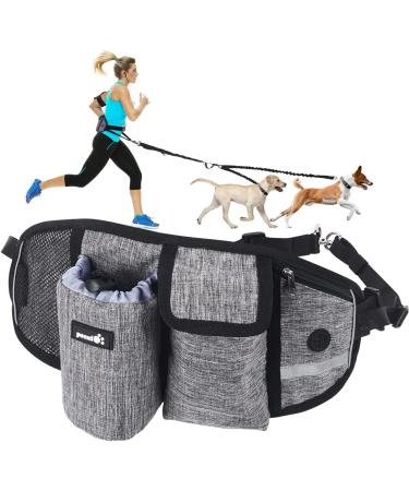 pecute Hands Free Double Dog Running Lead with Wide Back Support Belt Adjustable Dog Walking Belt with Multi Pouches (Large -2 Leash Grey) Grey(M 2 Leash)