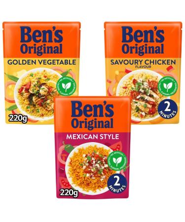 Microwave Rice Bundle With Bens Original Golden Vegetable Microwave Rice 220g Savoury Chicken Microwave Rice 220g and Spicy Mexican Microwave Rice 220g (3 Pack)