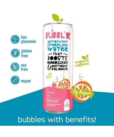 BUBBL'R Twisted Elix'r Antioxidant Sparkling Water with Natural Caffeine - 0g Sugar, Gluten Free, All Natural Flavors - 12 Fl Oz Cans, 12 Pack - Buy Online on SooperMarket.com