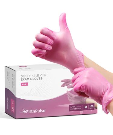 Pink Vinyl Disposable Gloves Medium 100 Pack - Latex Free, Powder Free Medical Exam Gloves - Surgical, Home, Cleaning, and Food Gloves - 3 Mil Thickness 1 Count (Pack of 100) Pink