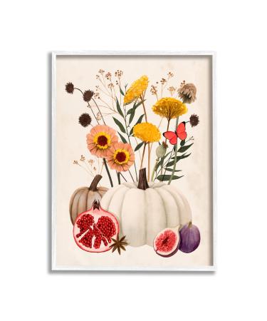 Stupell Industries Autumn Harvest Arrangement Pumpkin Pomegranate Fig Fruits White Framed Wall Art 16 x 20 Beige 16x20 Beige