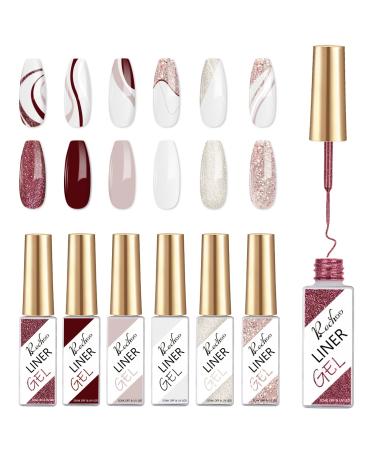 Rechoo 6Pcs gel for gel nails set 8ml dark red nude & glitter UV gel liner gelail colors for drawing lines gel nail polish for nail design nail art color gel nail gel b-6Pcs dark red glitter & matte