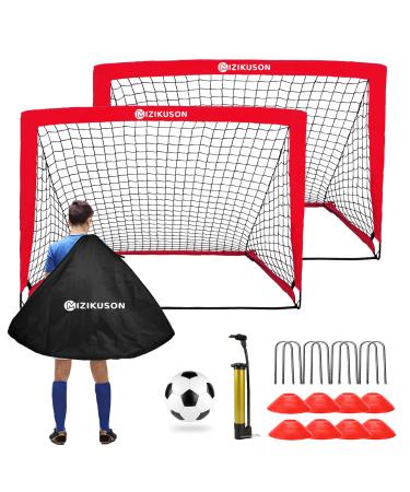 Portable Soccer Goals for Backyard, Kids Soccer Net Set of 2, 4' x 3' Indoor Pop Up Toddler Soccer Goal, Soccer Training Equipment for Kids and Youth, with 8 Soccer Training Cones, Soccer Ball Red