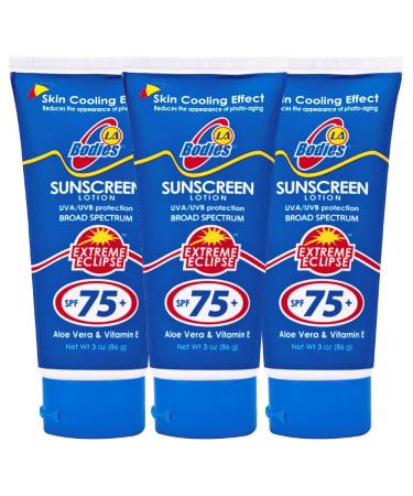 Sunscreen Moisturizing Face & Body Lotion (SPF 75) w/Aloe Vera for Cooling Sensation | LA BODIES | For Acne Prone Skin | Quick Absorption | UVA UVB Protection Sunblock | 3oz | 3 Pack