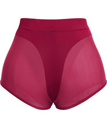 Women High Waist Mesh Tulle Spliced Yoga Shorts in Wine Red - Medium - Buy Online on SooperMarket.com
