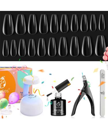 Beetles Easy Gel Tips Nail Extension Kit 2 In 1 Nail Glue Gel Base Coat with Pre-shaped Medium Coffin Nails and U V LED Nail Lamp Acrylic Nail Clipper for Gel Art DIY Manicure Fast Nail Extension A-Coffin Medium 240PCS