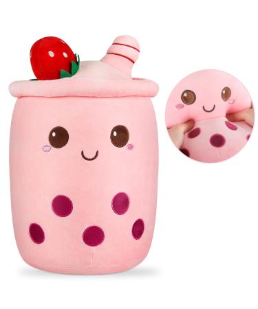 BoBa Plushie Bubble Tea Plushi Fruit Plush Pillow Ice Cream Plush Pillow Cushion Stuffed Animal Pillow Skin-friendly Comfortable Cushion Cuddle Hugging Pillow Fluffy Toy Pillow Milk Tea Cushion 35cm Pink