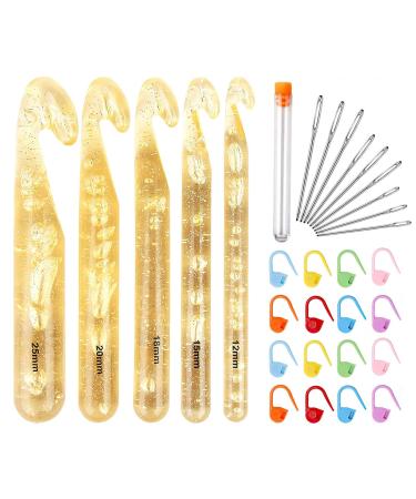 Crochet Hooks, 34 Pcs Handle Crochet Hooks Set, 12mm-25mm Large Crochet Hooks for Chunky Yarn, Professional Huge Crochet Needles and Accessories for DIY Crafts, Carpets, Scarves yellow