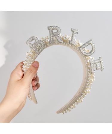 SWEETV Pearl Bride Headband for wedding Bachelorette Party Decorations Bride to Be Headband Handmade Rhinestone Wedding Headband forBridal Pearl Hair Accessories for Women Girls White