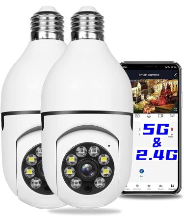 2Pcs Light Bulb Security Camera 2.4GHz & 5G WiFi Outdoor, 1080P E27 Light Socket Security Camera, Indoor 360 Home Security Cameras, Full Color Day and Night, Smart Motion Detection (2PCS, Support 5G)