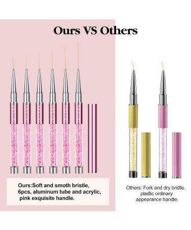 Saviland 6pcs Nail Art Liner Brushes Set with Crushed Diamond Rhinestone Handle - Nail Brush Gel Polish Painting Pen Set for Precise Nail Designs - Sizes 7/9/11/13/17/23mm | Pink - Buy Online on SooperMarket.com