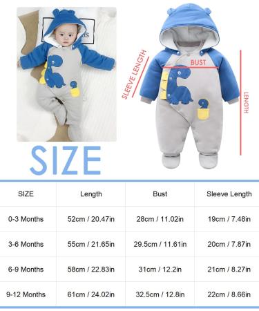 Baby Snowsuit Winter Romper | Cotton Jumpsuit with Detachable Hood | Cartoon Dinosaur Design | 6-9 Months Blue - Buy Online on SooperMarket.com