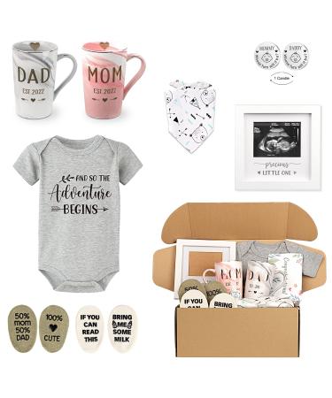 Pregnancy Gift Est 2022-New Parents Gifts Set Pregnancy Announcement-New Mom Gifts Basket for Baby Shower Gender Reveal-Mom & Dad Mugs, Decision Coin, Baby Ultrasound Frame, Onesie, Bib, Socks