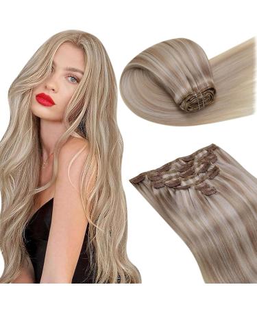 Laavoo 55cm Real hair Extensions Clip Blond Extensions Real hair clip in remy human hair Double Tressen hair extension real hair clip in ashblond highlight light blonde light blonde 105g 7pcs #18/613 55cm-105g 2.1 #18/613