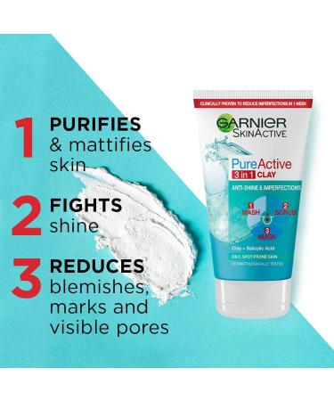 Garnier Pure Active 3in1 Clay Mask-Wash-Scrub 150ml With Clay Eucalyptus & Salicylic Acid Face Cleanser For Oily Skin Packaging May Vary (Pack of 2) 1.2 l (Pack of 2) 3in1 Clay Mask Scrub - Buy Online on SooperMarket.com