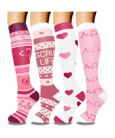 Actinput 4 pairs of compression stockings for women men colorful support stockings compression socks for sports flight running travel cycling nurse 4104 - Rosa S -M