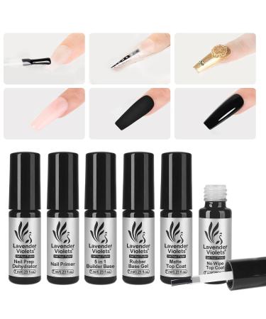 Lavender Violets 6-Piece Gel Base and Top Coat Set: Nail Dehydrator and Primer 5-in-1 Base Coat Builder Gel Rubber Base Coat Matte and No-Wipe Top Coat for Nail Art Design Manicure Gifts C200