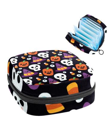 Halloween Skull Black Sanitary Napkin Storage Bag Feminine Menstrual Cup Pouches Nursing Pad Holder Tampon Bags Portable Period Bag for Women Teen Girls 1Pcs Multi-colored 8
