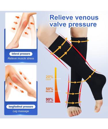 Bropite Zipper Compression Socks- 2 Pairs Calf Knee 15-20 mmHg Open Toe for Running Nurses Pregnancy - Black/Nude S-M - Buy Online on SooperMarket.com