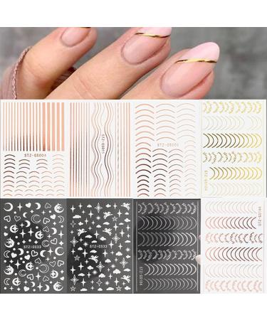 3D Rose Gold Metal Nail Stickers - Self-Adhesive Nail Art Decals for DIY Manicure | 8 Sheets of Stripe Lines & French Tips - Buy Online on SooperMarket.com
